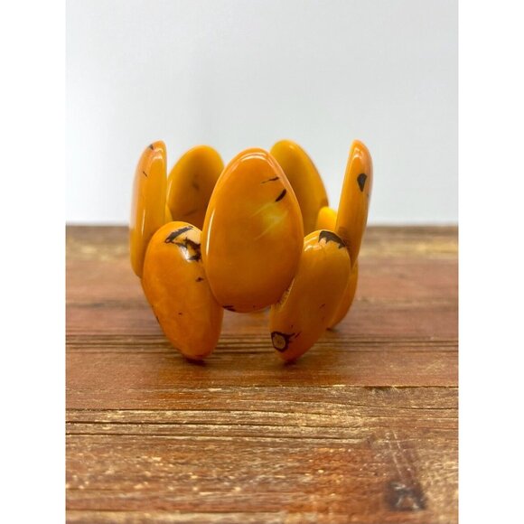 Tagua Nut Wide Cuff Bracelet Orange Almond Shape Handmade Ecuador - Picture 4 of 10